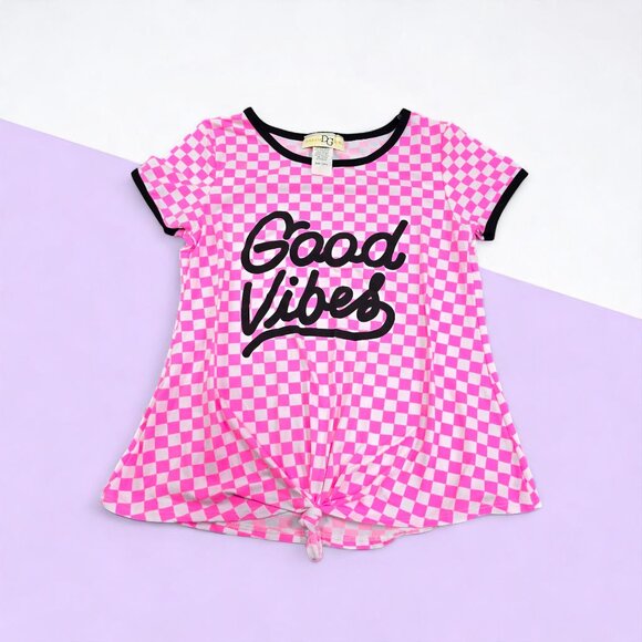 DG Girls Pink Checkered Good Vibes Graphic Tee Youth 10/12 - Picture 1 of 7